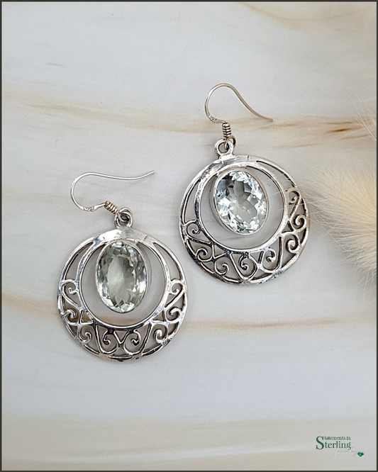 Green Amethyst and Sterling Silver Circle Scroll Earrings