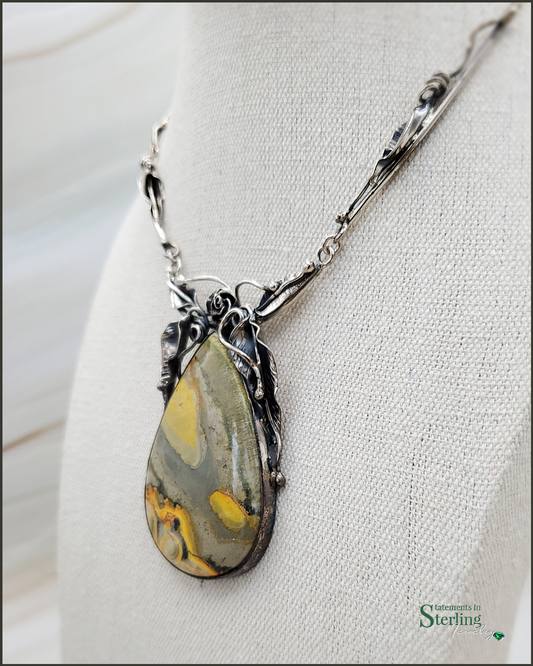 Bumblebee Jasper and Sterling Silver Leaves Necklace