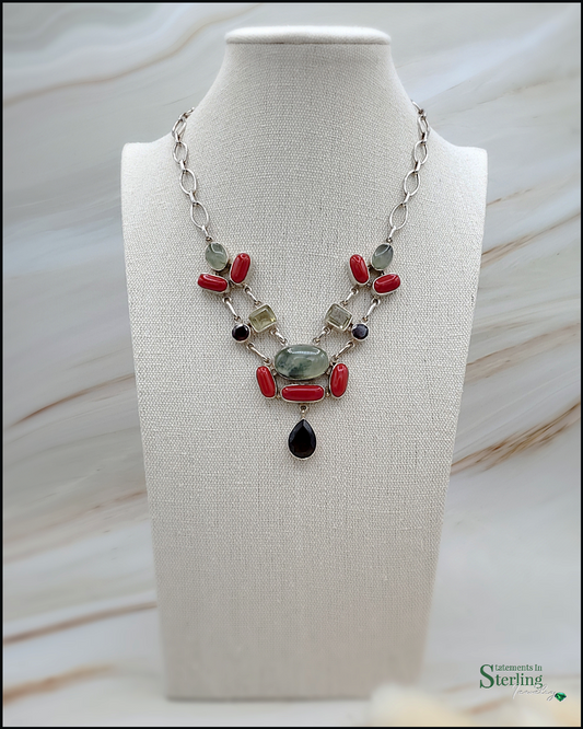 Moss Prehnite Cabochon and Gemstone Sterling Silver Necklace and Earrings Set