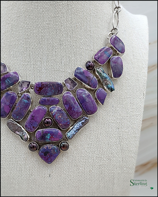 Purple Copper Turquoise, Amethyst, Biwa Pearl and Sterling Silver Necklace