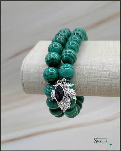 Gemstone and Sterling Silver Beaded Leaf Bracelet Set in Malachite