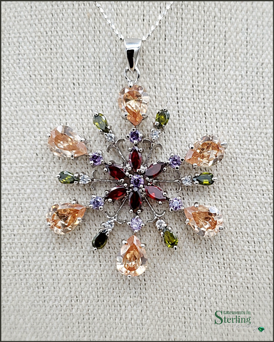 Multi Gemstone and Sterling Silver Snowflake Pendant