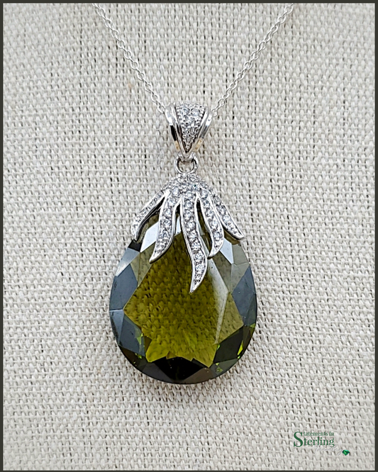 Olive Green Peridot and White Topaz  Sterling Silver Teardrop Pendant