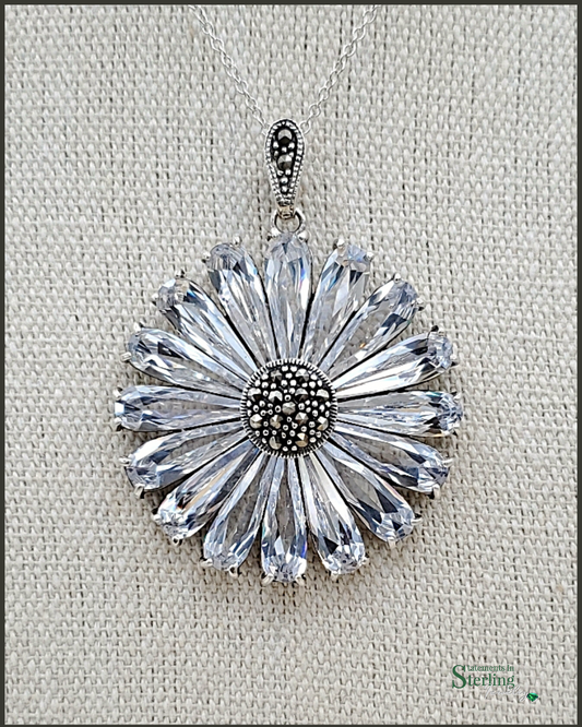 White Topaz and Marcasite Sterling Silver Flower Pendant