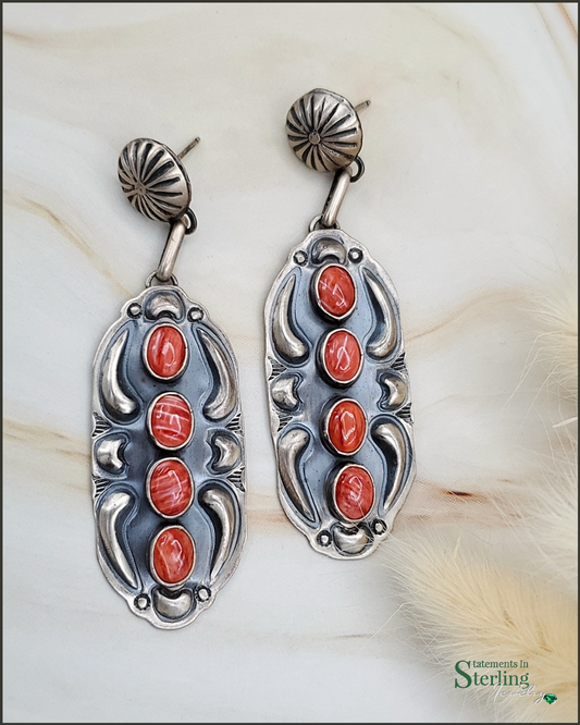 Red Spiny Oyster and Sterling Silver Drop Earrings by Jeff James