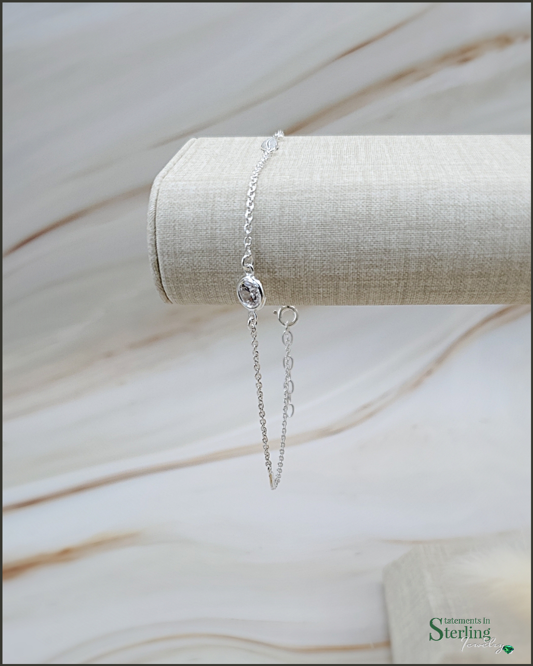 Sterling Silver Leaf and Cubic Zirconia Anklet