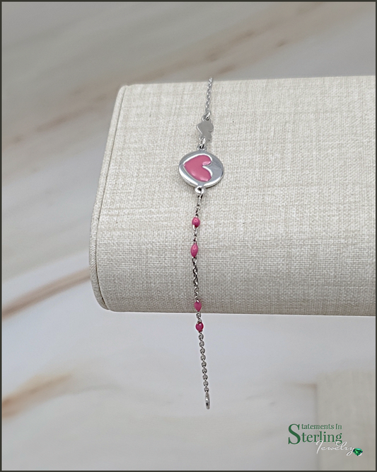 Sterling Silver and Enamel Child's Heart Bracelet in Pink