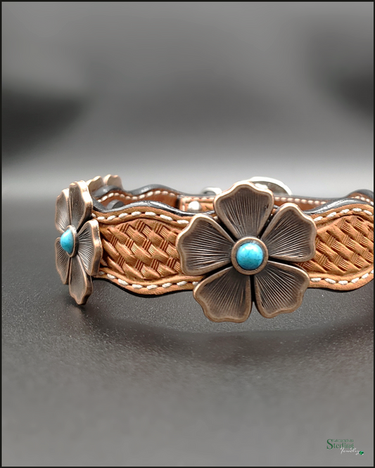 Rodeo Drive Conchos Handcrafted Leather Dog Collar with Turquoise and Copper Flower Conchos in Light Oil