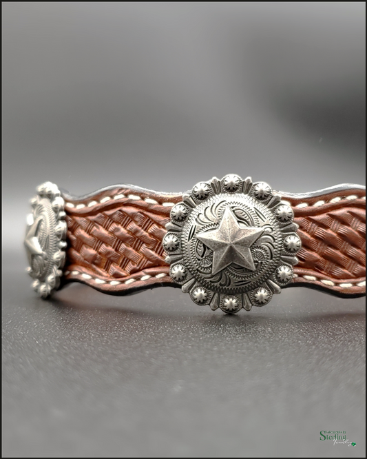 Rodeo Drive Conchos Handcrafted Leather Dog Collar with Silver Star Conchos in Medium Oil