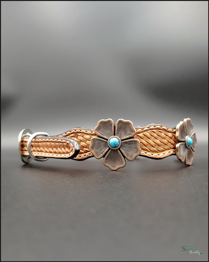 Rodeo Drive Conchos Handcrafted Leather Dog Collar with Turquoise and Copper Flower Conchos in Light Oil