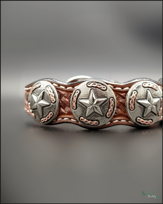 Rodeo Drive Conchos Handcrafted Leather Petite Dog Collar with Silver Star Conchos in Medium Oil