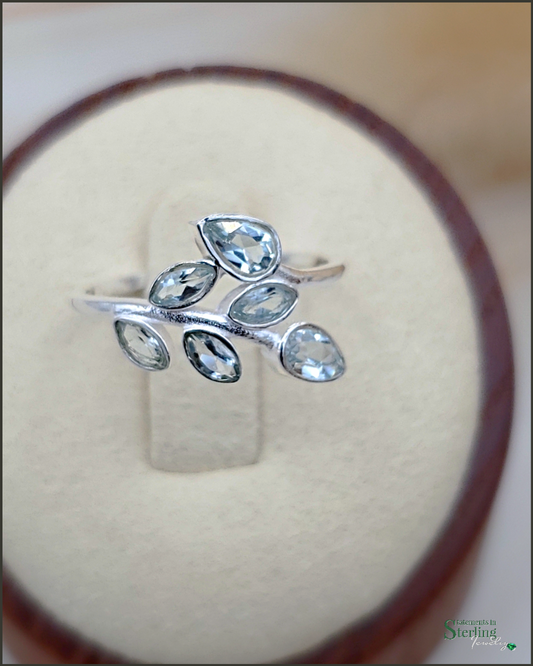 Gemstone and Sterling Silver Leaves Ring in Blue Topaz