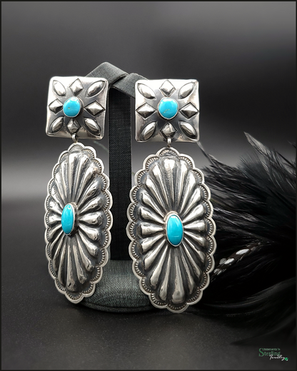 Sleeping Beauty Turquoise and Sterling Silver Oversize Concho Earrings by Rita Lee