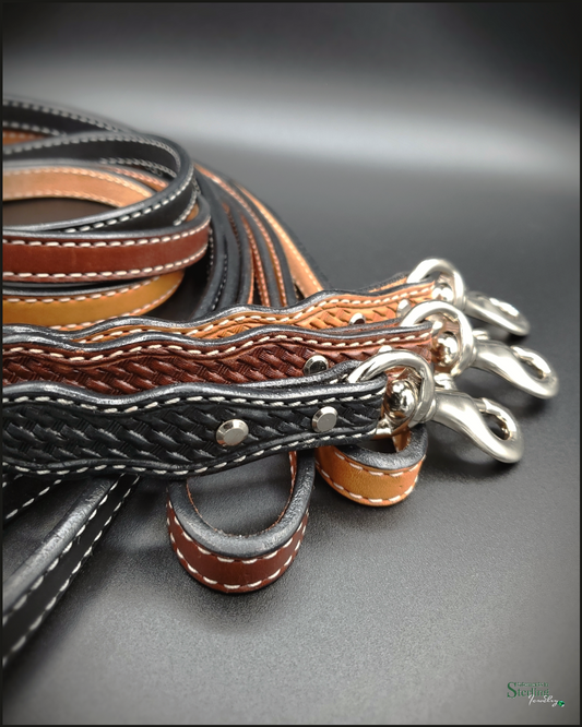 Rodeo Drive Conchos Handcrafted Basketweave Tooled Leather Dog Leash in Medium Oil