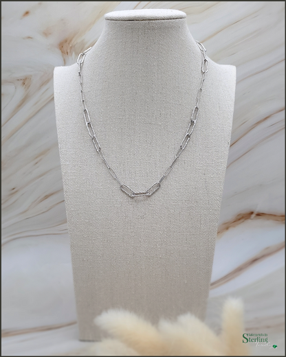 Sterling Silver Paperclip Link Diamond Cut Necklace in Rhodium