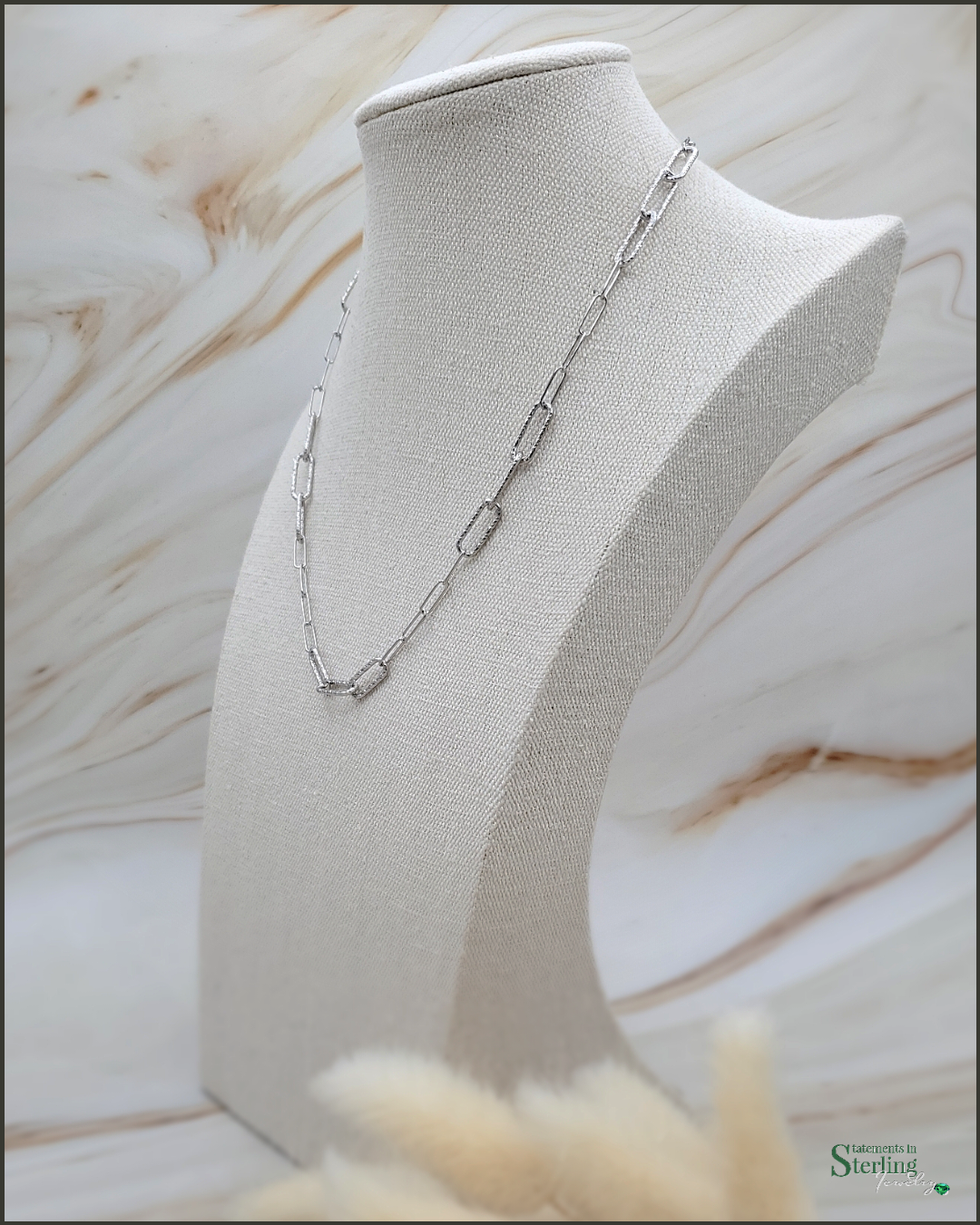Sterling Silver Paperclip Link Diamond Cut Necklace in Rhodium