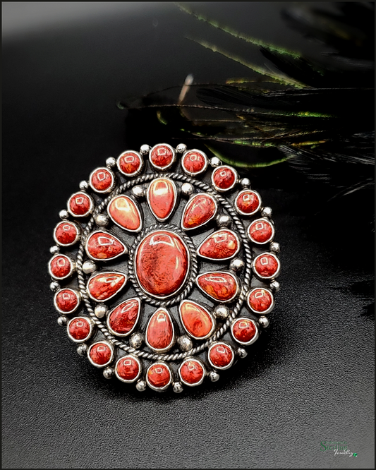 Red Spiny Oyster and Sterling Silver Cluster Ring by Tyler Brown