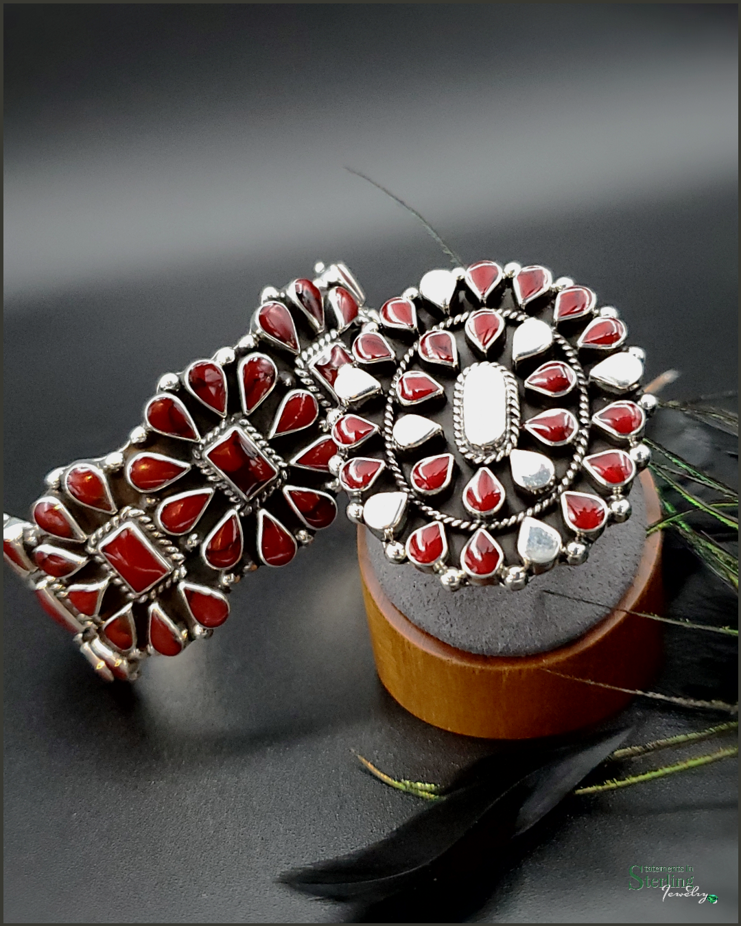 Red Jasper and Sterling Silver Teardrop Cluster Cuff Bracelet