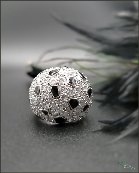 Vintage Sterling Silver Cubic Zirconia and Black Enamel Dome Ring