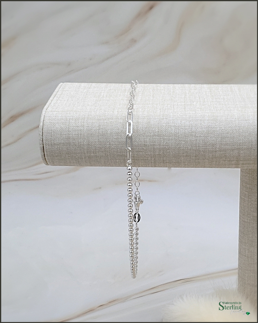 Sterling Silver Paperclip Link and Bead Anklet