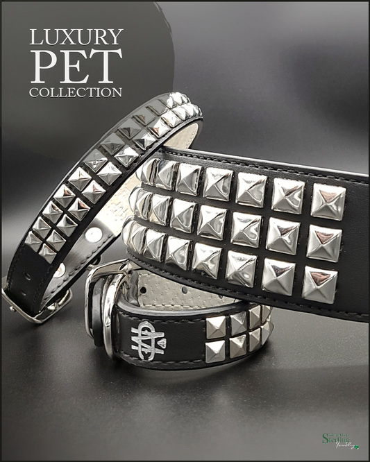 Mutt Couture Silver Studded Leather Dog Collar in Black