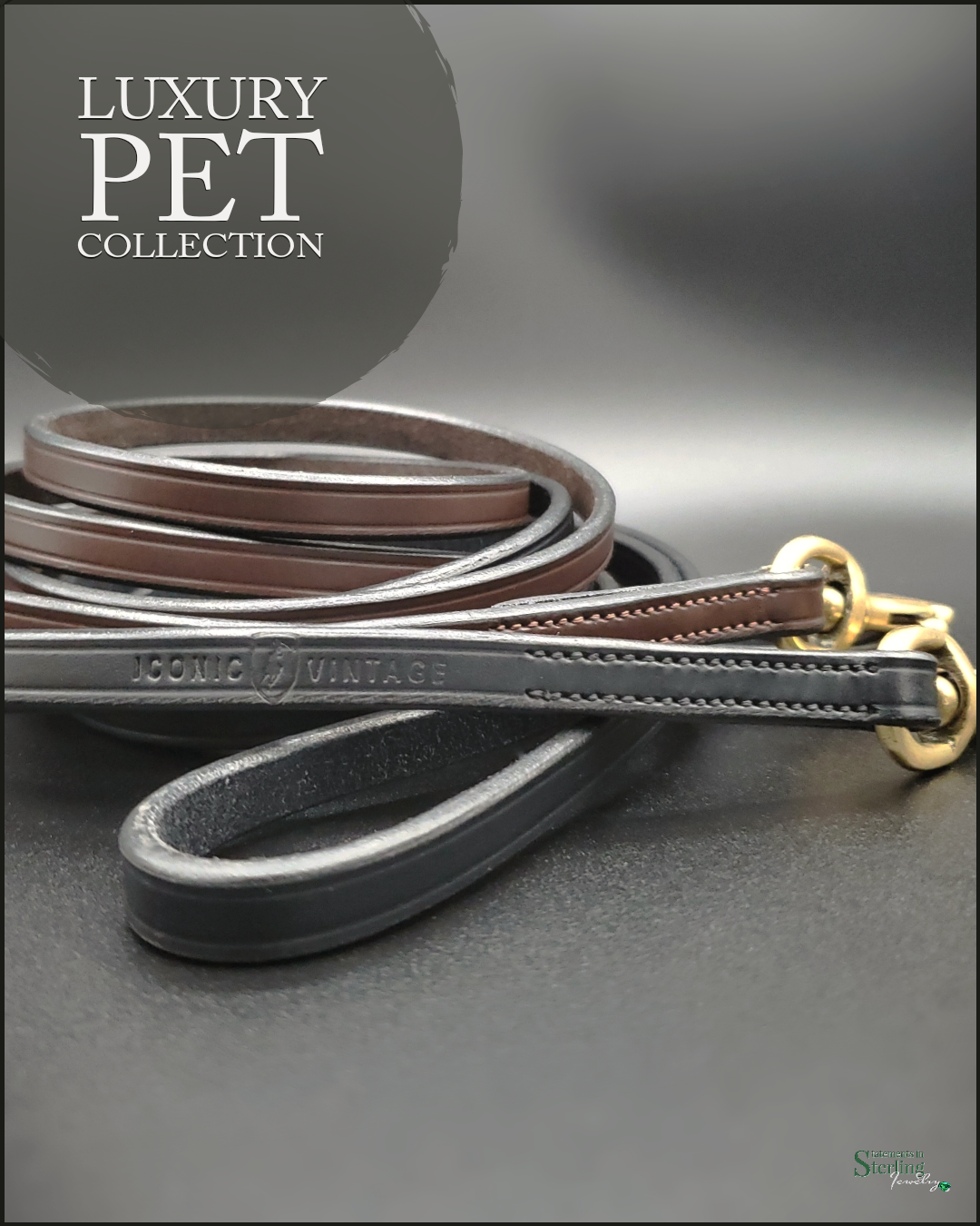 Iconic Vintage IV LUXE Leather Dog Show/Petite Leash in Black