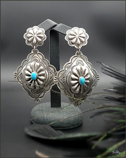 Sleeping Beauty Turquoise and Sterling Silver Concho Earrings by Genevieve Blackgoat
