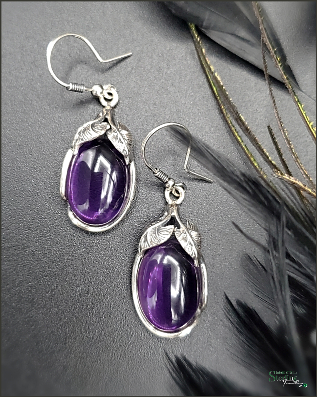 Purple African Amethyst Cabochon and Sterling Silver Leaves Earrings