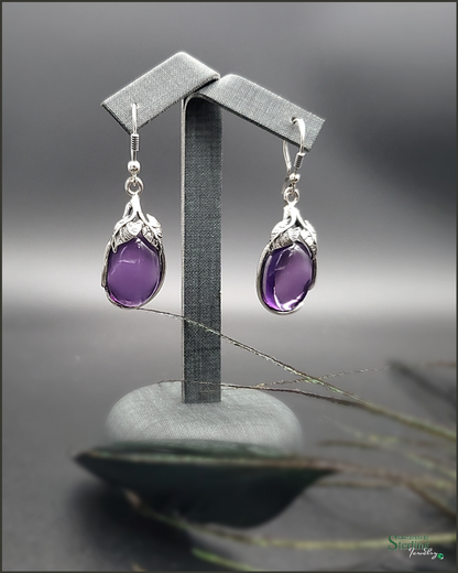 Purple African Amethyst Cabochon and Sterling Silver Leaves Earrings