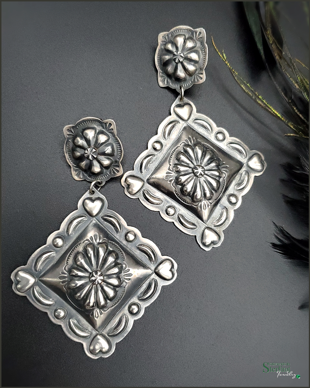 Navajo Sterling Silver Oversized Heart Detail Concho Earrings by Tim Yazzie