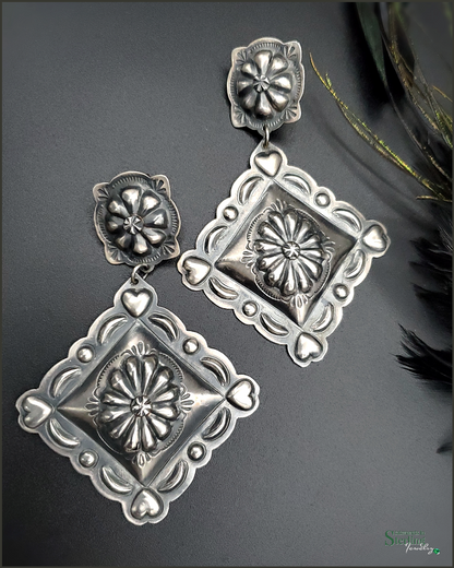 Navajo Sterling Silver Oversized Heart Detail Concho Earrings by Tim Yazzie