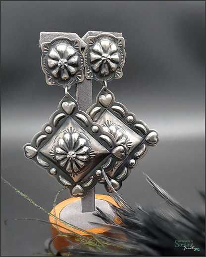 Navajo Sterling Silver Oversized Heart Detail Concho Earrings by Tim Yazzie