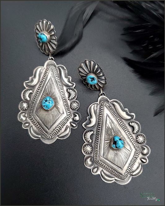 Navajo Kingman Turquoise and Sterling Silver Concho Earrings by Eugene Charley