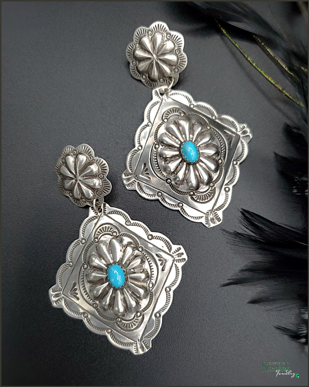 Sleeping Beauty Turquoise and Sterling Silver Concho Earrings by Genevieve Blackgoat