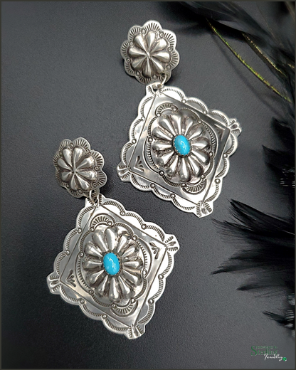 Sleeping Beauty Turquoise and Sterling Silver Concho Earrings by Genevieve Blackgoat