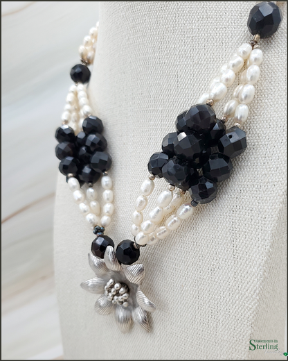 Black Onyx and Freshwater Pearl Sterling Silver Flower Necklace