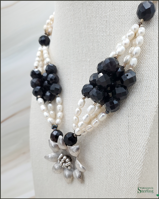 Black Onyx and Freshwater Pearl Sterling Silver Flower Necklace