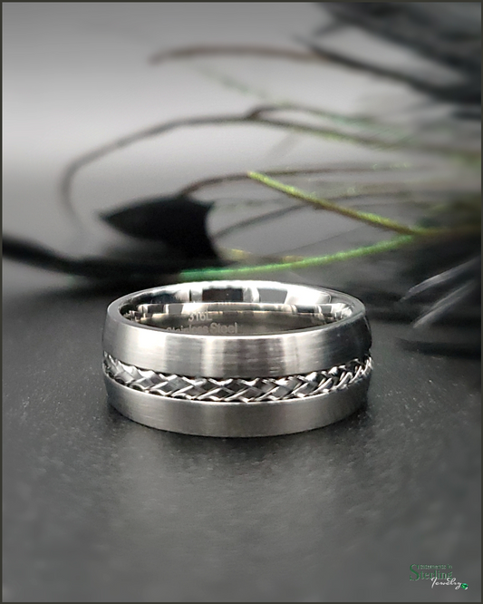 Stainless Steel Cable Detail Ring Band in Brushed