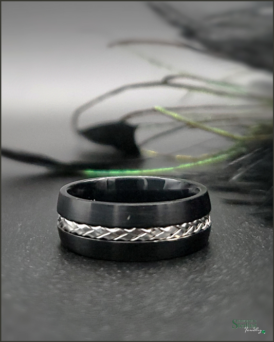 Titanium and Stainless Steel Cable Detail Ring Band in Black and Silver