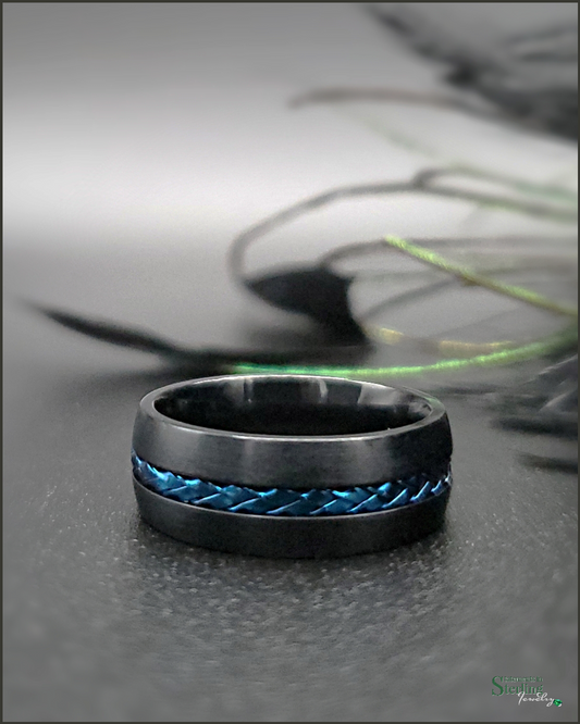 Titanium and Stainless Steel Cable Detail Ring Band in Black and Blue