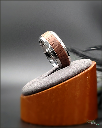 Bubinga Wood Inlay Ring Band in Polished Stainless Steel