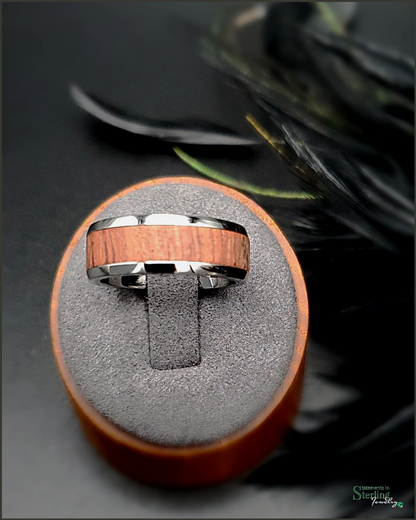 Bubinga Wood Inlay Ring Band in Polished Stainless Steel