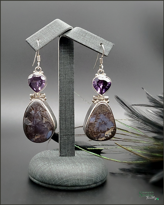 Australian Boulder Opal and Amethyst Heart Sterling Silver Earrings