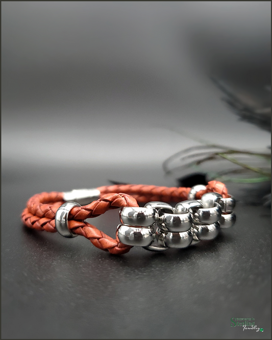 Leather and Stainless Steel Woven Bracelet in Burnt Orange