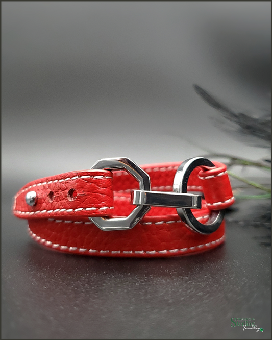 Leather and Stainless Steel Double Wrap Bracelet in Red