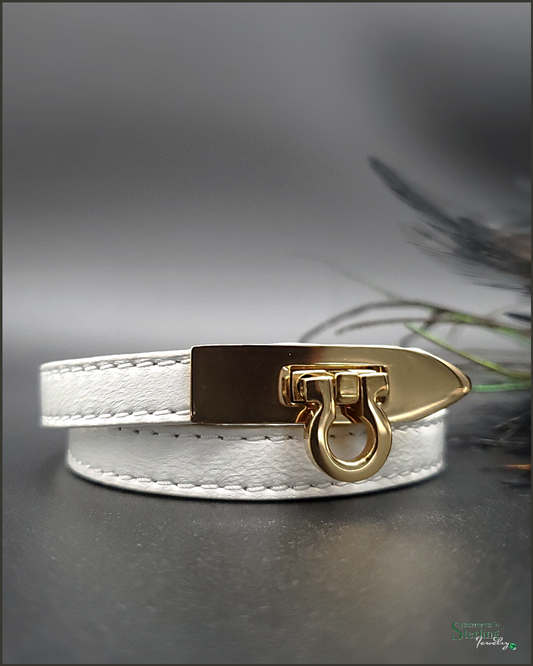 Italian Leather and Stainless Steel Double Wrap Padlock Bracelet in White with Gold