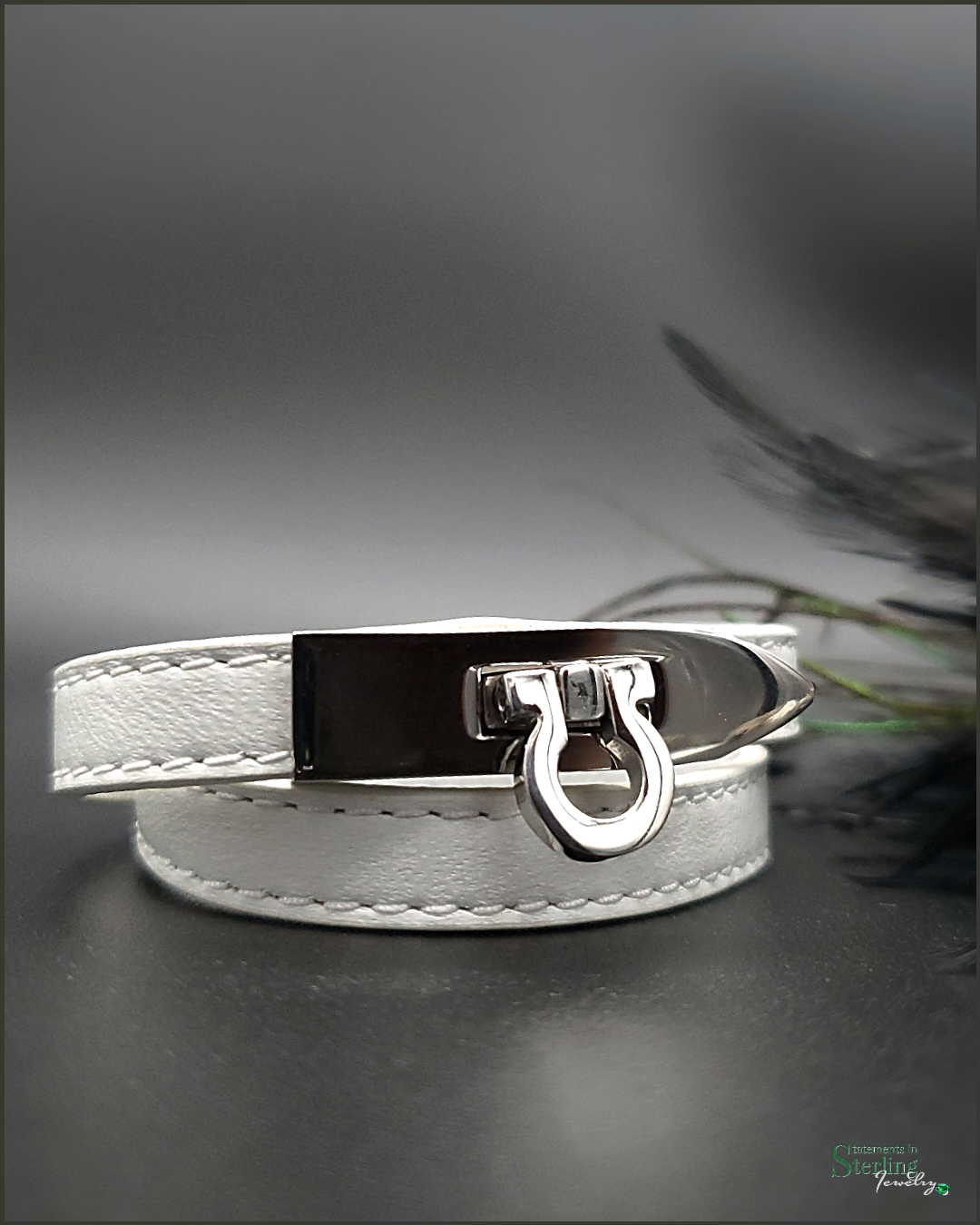 Italian Leather and Stainless Steel Double Wrap Padlock Bracelet in White with Silver