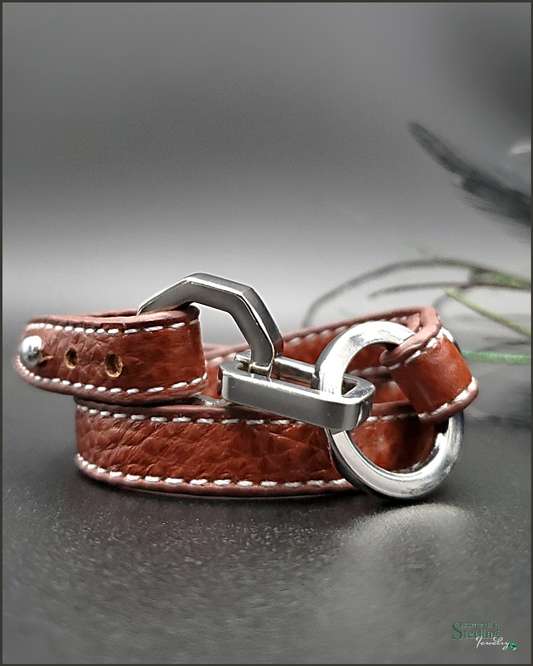 Leather and Stainless Steel Double Wrap Bracelet in Brown