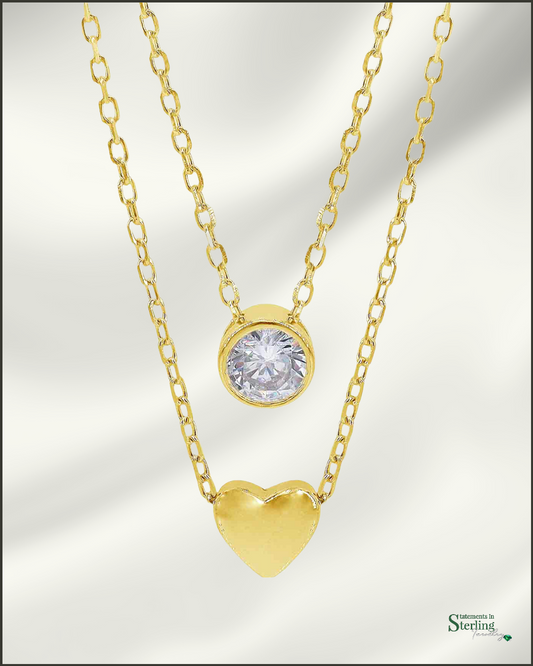 Sterling Silver Hearts and Diamonds Cubic Zirconia Necklace in Gold