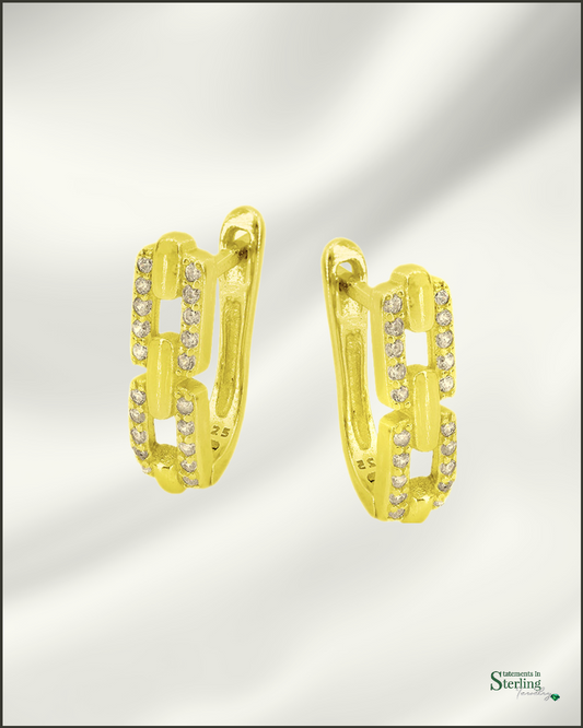 Sterling Silver Paperclip Link Sparkle Earrings in Gold